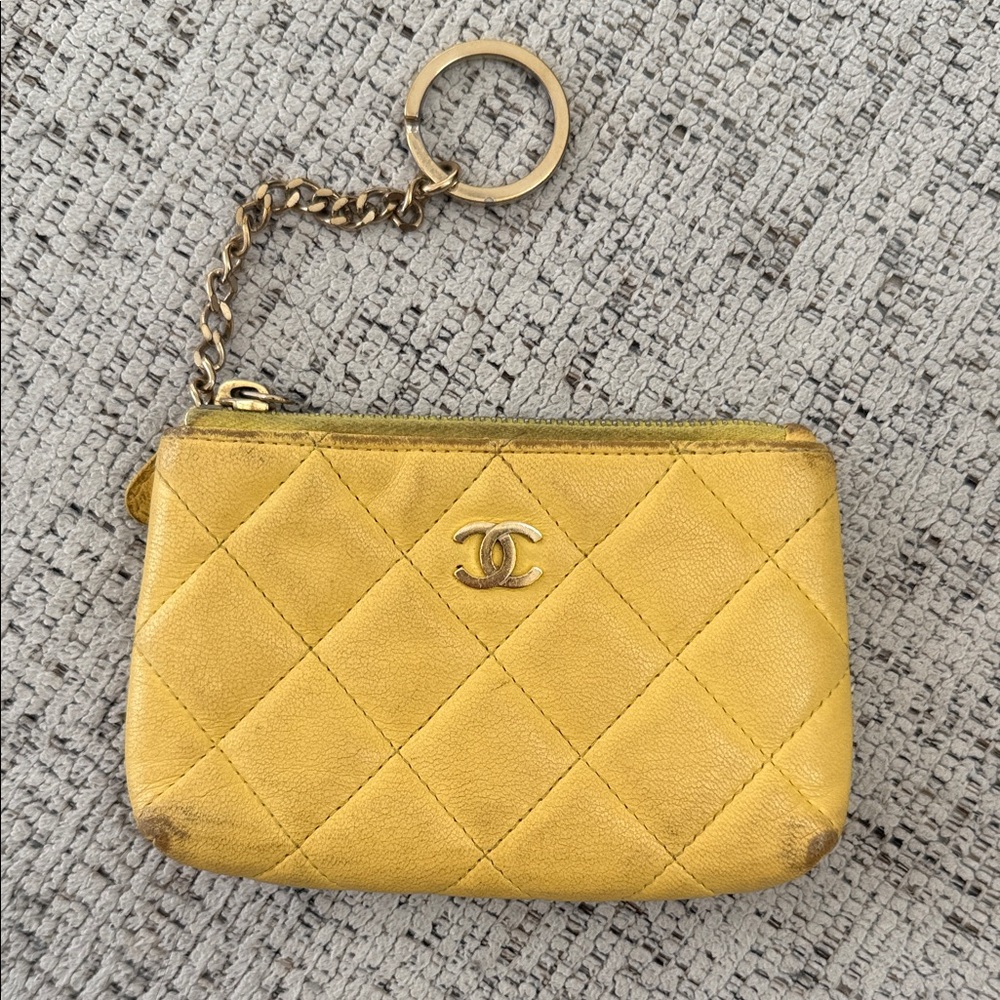 CHANEL Mustard Quilted Coin Pouch with Gold Accents